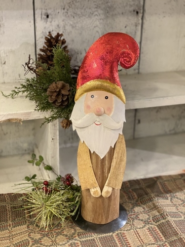 WOODEN SANTA WITH METAL RED FOIL HAT